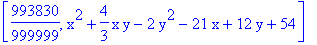 [993830/999999, x^2+4/3*x*y-2*y^2-21*x+12*y+54]